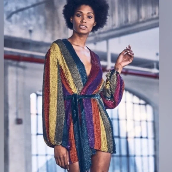 NWT RETROFETE GABRIELLE SEQUIN ROBE DRESS MULTI STRIPE SIZE MEDIUM - Picture 4 of 9